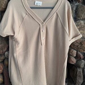 Women's Beige V-Neck Ribbed Buttoned Top